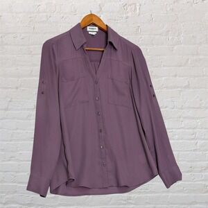 Express Portofino Slim Shirt Womens Medium Purple Button Down Roll Tab Blouse